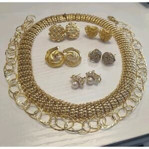 Lot Of 7 Gold Tone Jewelry 925 Sterling Silver 2 Necklaces 5 Pairs Earrings 165g